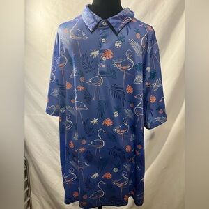 Ephemoca Flamingo novelty Golf Polo Short Sleeve 3-Button Statement Shirt blue